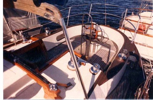 The Baba 35 features a nice sized cockpit complete with teak decks that
    grace most of the boats.  Notice the boom gallow in the foreground that is present
    on some of the…